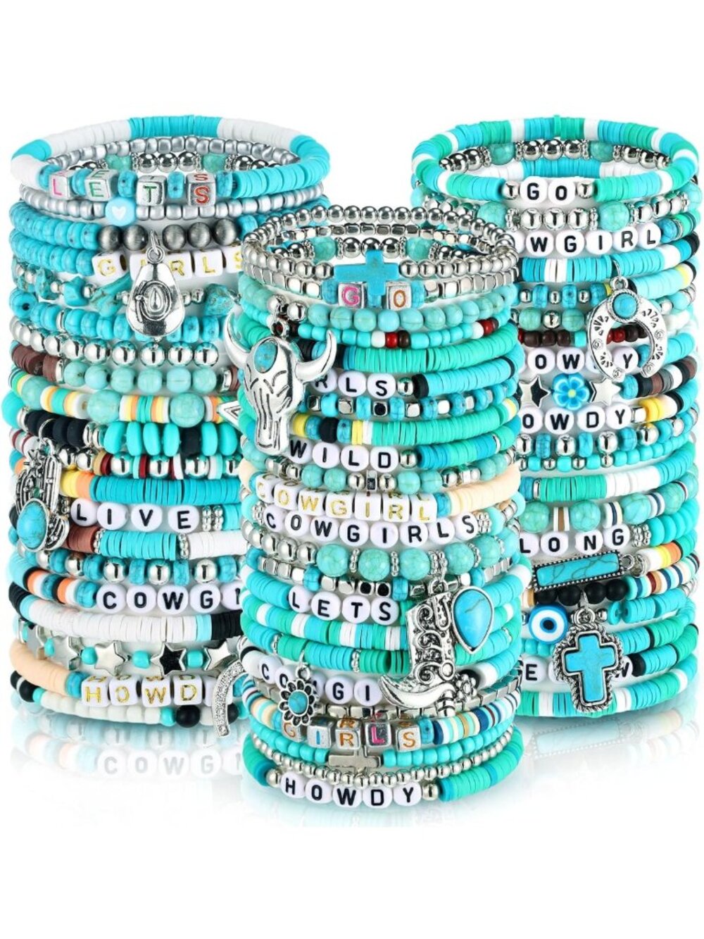 64 Pcs Turquoise Beaded Cowgirl Bracelets Set | Boho Stackable Jewelry for Women